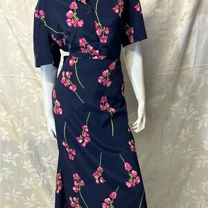 Leslie Fay Navy and Pink Floral Skirt Set